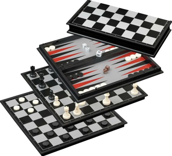 Schach Backgammon Dame Set (Kunststoff, Feld 37 mm, magnetisch)