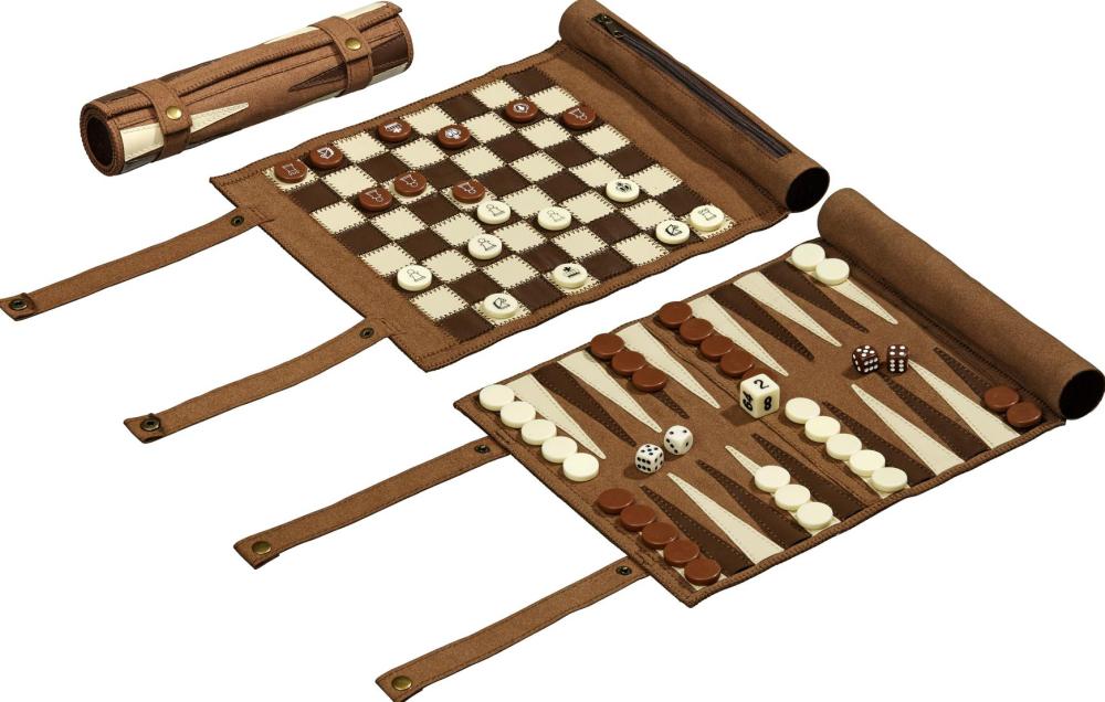Schach Backgammon Dame Reise-Set (Kunstleder, Feld 25 mm)