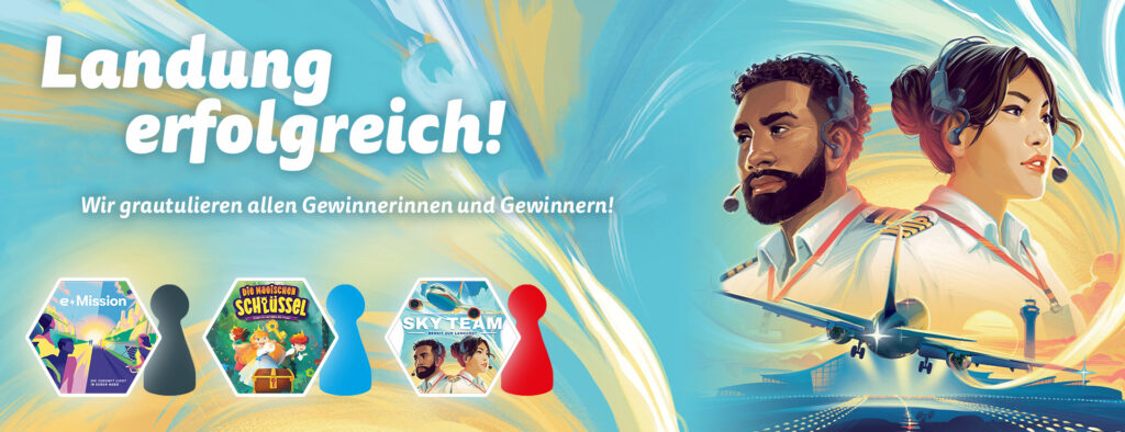 Grafik zur Bekanntgabe des Spiel des Jahres 2024 (Sky Team) mit den Nominierten zum Kennerspiel des Jahres (E-Mission) und Kinderspiel des Jahres (Die magischen Schlüssel)